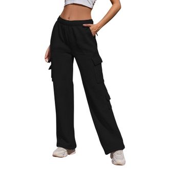 Generic Cargo Pants for Women Casual Lightweight Plain Baggy Trousers Fleece High Waisted Joggers Wide Leg Athletic Sweatpants with Pockets Soft Slim Fit (Bla
