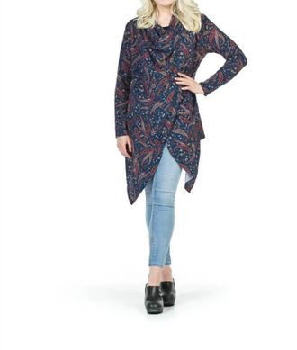 Papillon Paisley Print Crossover Drape Sweater In Navy