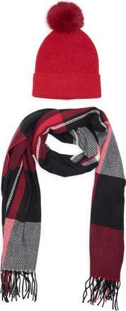 Vince Camuto Plaid Wrap Scarf & Faux Fur Pompom Beanie Set in Red at Nordstrom Rack