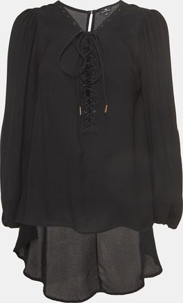 Elisabetta Franchi Black Crepe Lace-Up Neck Camicia Blouse