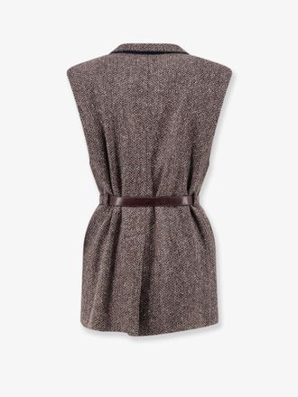 Brunello Cucinelli Womens Sleeveless Blazer With Belt Brown Virgin Wool Blazers Jacket