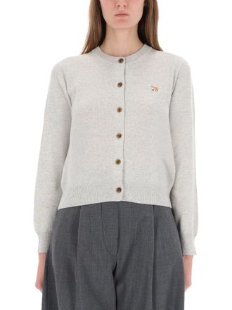 Maison Kitsun&eacute; Soft Light Grey Knit Cardigan With Embroidered Fox Detail