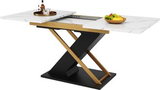 STILVORA Mesa De Comedor Extensible, 120 A 160 X 80 Cm, Efecto M&aacute;rmol, Patas Cruzadas De Metal, Negra