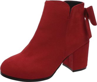 Generic Womens Block Heel Boots Casual Stylish Short Booties Solid Color Bow Side Zipper Elegant Non-Slip Comfortable Ankle Boots Classic Daily