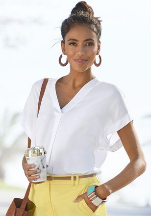 Vivance Kurzarmbluse VIVANCE, Damen, Gr. 32/34, weiss (wei&szlig;), Web, Obermaterial: 100% Viskose, unifarben, figurumspielend h&uuml;ftlang, tiefer V-Ausschnitt, Aufsc