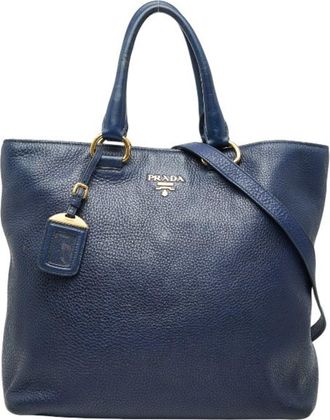 Prada Blue Leather Shoulder Bag Tote Bag (Pre-Owned)