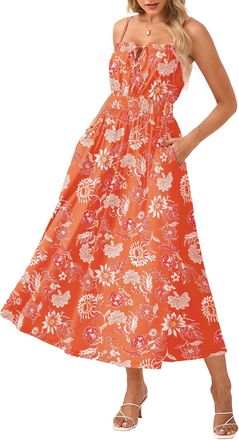 Grace Karin Womens Boho Floral Fancy Dress Casual Sleeveless Spaghetti Straps Pleated Loose A-line Maxi Dresses Bohemian Beach Holiday Dress with Pockets Orange-W