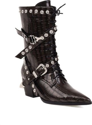 Generic Womens Crocodile Print Mid Calf Boots Multi Buckle Studs Pointed Toe Block Heels Booties Stylish Comfortable for Party Punk Daily Casual,Silver Gray,6