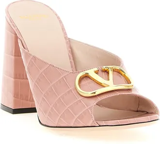 Valentino Garavani Womens Crocodile-Embossed Calfskin Mule Pink Leather Heels