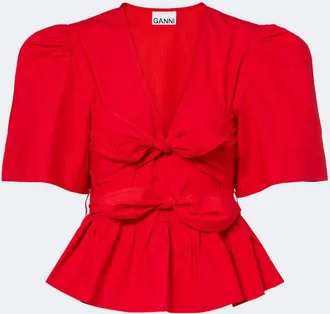Ganni Bow-detail cotton poplin blouse