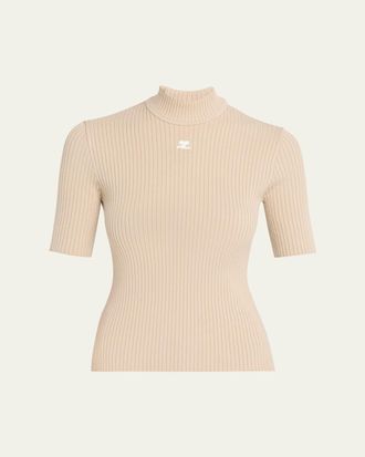 Courr&egrave;ges Mock-Neck Short-Sleeve Rib Pullover
