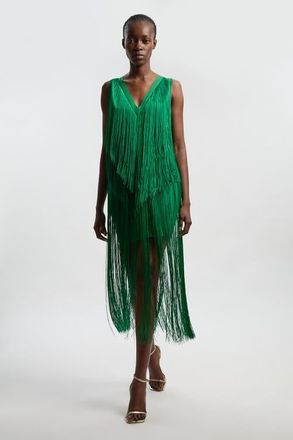Karen Millen Fringe Bandage V-Neck Midi Dress in Green at Nordstrom, Size 10