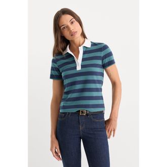 Good American Womens The Easy Polo | Summer Stripe Teal, Size Medium | Good American by Khlo&Egrave; Kardashian