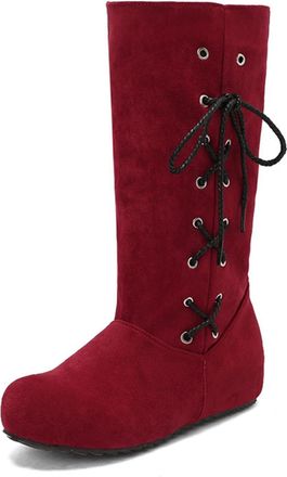 Generic Womens Retro Knee-High Suede Boots Side Lace-Up Detail Wedge Heel Round Toe Comfortable Anti-Slip Wear-Resistant for Daily Street Shopping,Red,2.5 UK