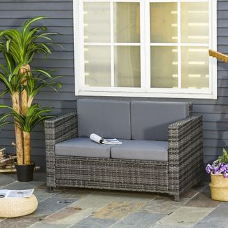 OUTSUNNY Rattan Wicker 2-seat Sofa Loveseat Padded Garden Furniture Grey
