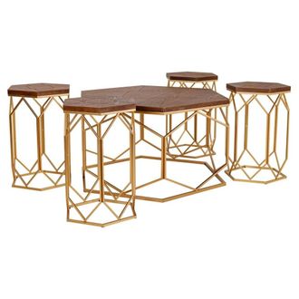 Wanderlust Deco Set mesa de centro y 4 taburetes de metal dorado
