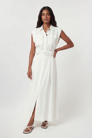 Karen Millen Womens Premium Viscose Linen Belted Woven Maxi Dress With Gold Hardware Detail - White - Size 12 UK