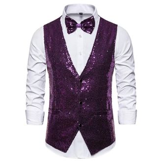 Generic Sequin Waistcoat Men Mens Performance Vests Men Shiny Sequin Suit Vest Mens Vest And Tie Set Waistocat V Neck Solid Color Glitter Waistcoat For Party 