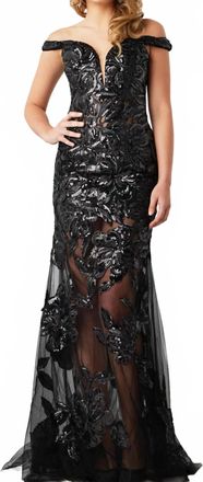 Jovani Off The Shoulder Illusion Dress In Black