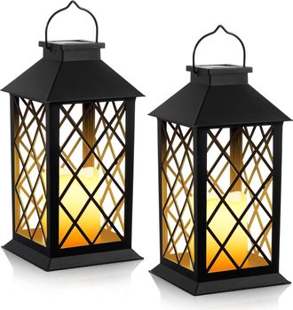 OEM Juego De 2 Faroles Solares, Impermeables Ip44, Con Led Parpadeante, De Pl&aacute;stico, Para Jard&iacute;n, Patio O Mesa