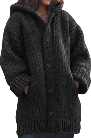 Generic Nidddiv Knitted Cardigan Hooded Jackets for Women UK Solid Colour Knitted Sweater Plus Size Long Coat for Women Buttons Crochet Cardigans with Pocekts