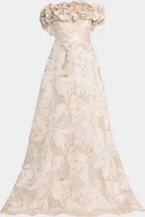 Teri Jon Ruffled Off-Shoulder Metallic Jacquard Gown