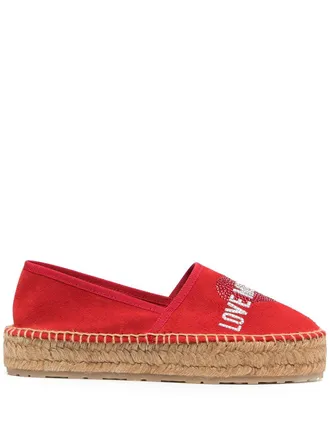 Love Moschino rhinestone-logo flatform espadrilles - women - Raffia/Suede/Suede/Rubber - 36 - Red