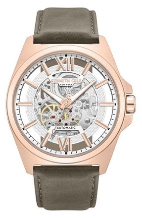 Kenneth Cole Skeleton Automatic Khaki Leather Strap Watch, 44mm at Nordstrom