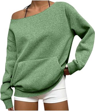 Generic Off The Shoulder Tops for Women Long Sleeve Off Shoulder Jumper Soft Lightweight Ladies Sweatshirt Causal Loose Blouse with Pocket Oversized Tshirts T