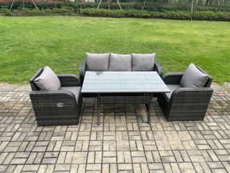 Fimous Rattan Garden Furniture 4 Piece Grey Patio Furniture Set Patio Conservatory 5 Seater Set Outdoor Rectangular Table & Chairs in Dark Grey