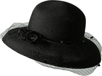 Generic Women Vacation Handwoven Beach Hat Silk and Linen Natural Straw Flower Beach Cap DUJ-9593-Black 56-58