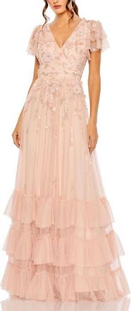 Mac Duggal Ruffle Tiered Embellished Flutter Sleeve Gown in Blush at Nordstrom, Size 12