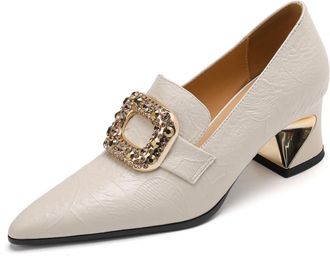 TinaCus Embossed Genuine Leather Womens Pointed Toe Handmade Crystal Buckle Chunky Heels Pumps Shoes, Beige, 6 UK