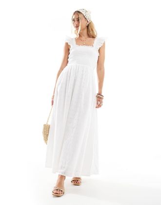 Accessorize Vestito midi da mare arricciato color panna con maniche a sbuffo-Bianco