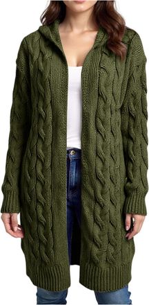 Generic Casual Mid-Length Cardigan Jacket for Womens UK Elegant Simple Solid Color Cable Hooded Knitted Sweater Coat Layering Piece for UK Weather 01-Army Gre