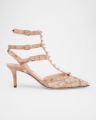 Valentino Garavani 65mm Rockstud Lace Ankle-Strap Pumps