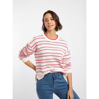 Weird Fish Liah Pointelle Striped Crew Neck Jumper in Deep Pink at Nordstrom, Size 10