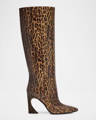 Fendi Arco Leopard-Print Snakeskin Knee-High Boots
