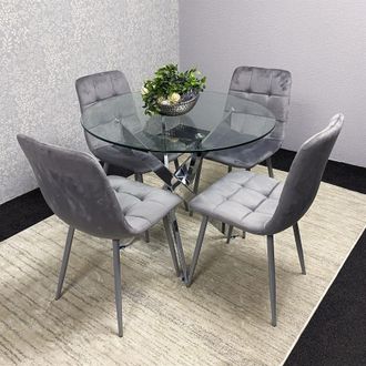 Kosy Koala Modern Round Glass Dining Table Set With 4 Grey Velvet Chairs Dining Room Furniture in Brown