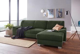 Domo Collection Ecksofa »Anzio L-Form, whlw. Bettfunktion, Federkern, hochwertig, Breite 271 cm« Mit Bettfunktion, Recamiere rechts, Struktur fein, dunkelgrün