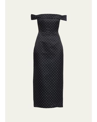 Lela Rose Polka-Dot Jacquard Off-The-Shoulder Midi Dress