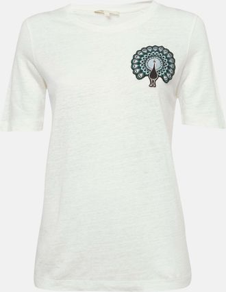 Maje White Cotton Knit Peacock Patch Detail T-Shirt