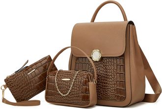 Nicole & Doris Mini Backpacks for Women Fashion Backpack 3 Pcs Set Casual Daypack Patent Leather Handbag Backpack Small Rucksack Ladies Travel Bag Khaki