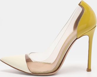 Gianvito Rossi Cream/yellow Patent Leather And Pvc Plexi Pointed Toe Pumps