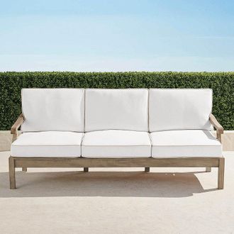 Frontgate Cassara Sofa with Cushions in Weathered Teak - Standard, Snow with Logic Bone Piping - Frontgate