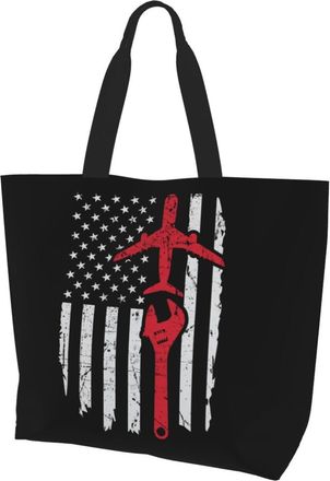 AOOEDM Airplane Mechanic American Flag Ladies Canvas Tote Reusable Shopping Bag