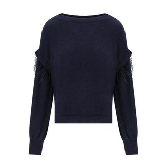 Twinset Angora trui met veren - Dames - Ronde hals truien - Blauw - XS - Truien & Vesten