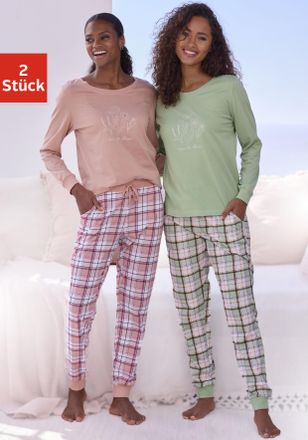 Vivance Pyjama VIVANCE DREAMS, Damen, Gr. 36/38, gr&uuml;n (gr&uuml;n und rosa, kariert), Single Jersey, Obermaterial 2: 100% Baumwolle, kariert, Basic, bequem lang, Ru