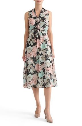 Kasper Floral Print Clip Dot Tie Neck Sleeveless Midi Dress in Black Multi at Nordstrom, Size 16