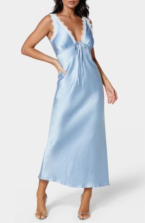 Bebe Lace Trim Satin Slipdress in Blue/White at Nordstrom Rack, Size Medium